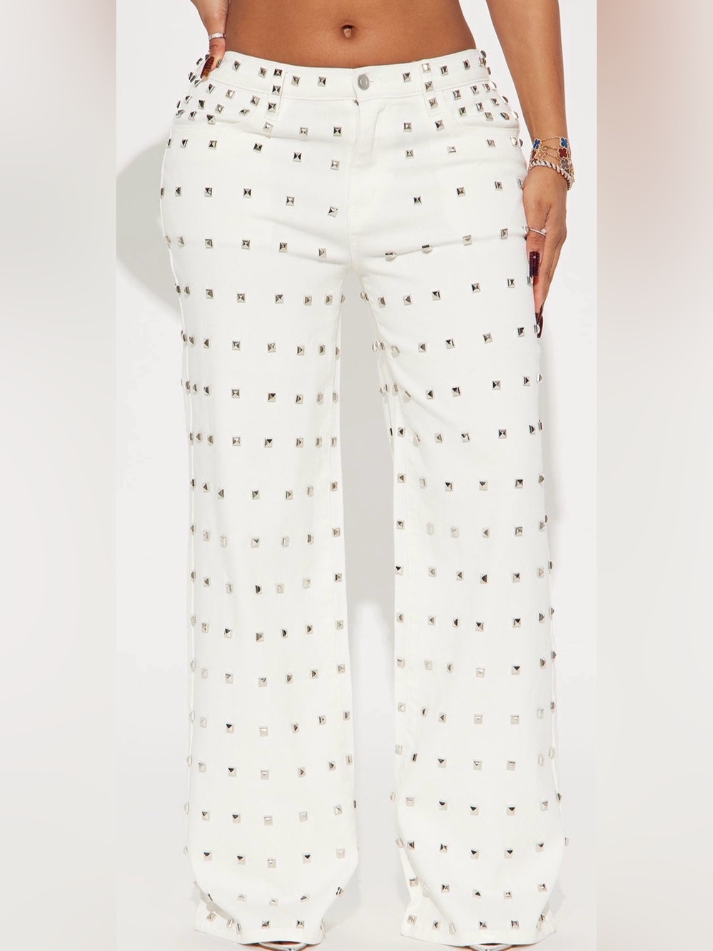 Fashion Nova White Wide-Leg Jeans with Silver Studs